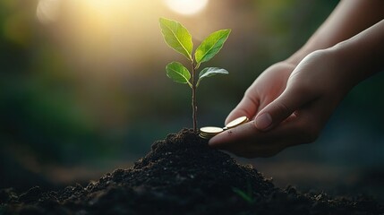 Fototapeta premium Hands nurturing a tree with coins as leaves, symbolizing sustainable investing, green growth, and financial prosperity.