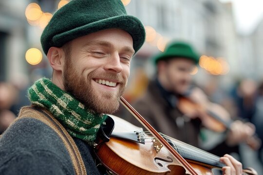 Traditional irish band performing lively music outdoors for cultural celebration. - Powered by Adobe