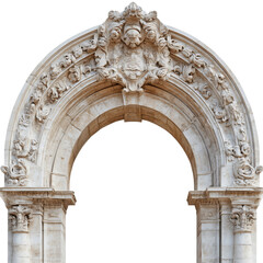 Obraz premium An intricately carved stone arch featuring detailed sculptures and a central emblem, showcasing exquisite craftsmanship and historical design.