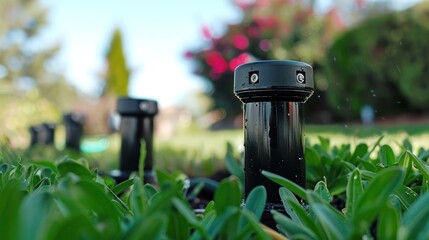 Close-up of garden sprinklers watering lush green grass in a vibrant backyard setting