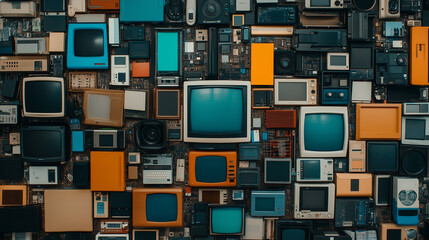 Old electronics collected for recycling in a large storage area, high-quality photography, free copy space --ar 16:9 --personalize ro15aat --v 6.1 Job ID: f75cd376-7c64-4ecc-a7c5-42d4328cead0