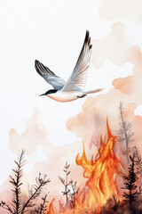 watercolor painting of lone bird flying through smoky skies, surrounded by flames and charred trees, evokes sense of resilience and beauty amidst