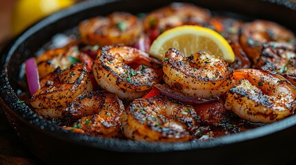 Spicy Shrimp Sizzle Close-up of grilled shrimp with lemon and peppers, perfect for food blogs
