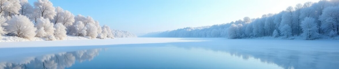 Fototapeta premium Serene frozen lake with snow-covered trees and a clear blue sky, calm atmosphere, frosty morning, frozen lake