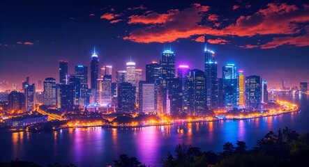 Obraz premium Vibrant night scene with city skyline and glowing lights