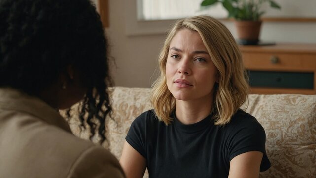 Woman engages in a heartfelt conversation about wellness and personal growth in a cozy indoor setting