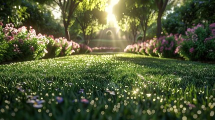 Obraz premium Lush garden path illuminated by sunlight, surrounded by vibrant flowers and greenery