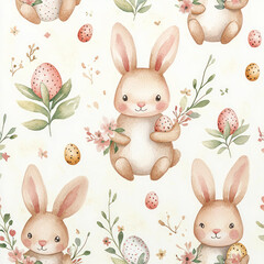 Fototapeta premium Cute watercolor seamless pattern featuring adorable bunnies holding decorated Easter eggs and flowers, surrounded by delicate botanical elements in soft pastel tones.