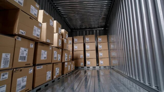Stacks of labeled packaged cardboard boxes are being transported inside a metal delivery truck trailer, representing concepts of shipping, logistics, and distribution
