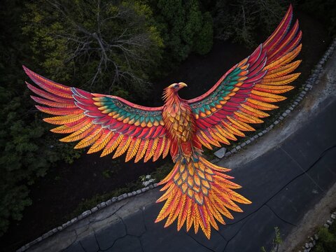 Colorful Phoenix Bird Zentangle Art, Drone Aerial View, Black Background Stock Photo