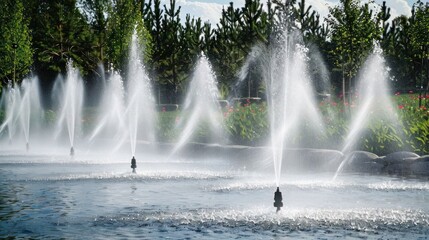 Serene park scene featuring multiple water fountains spraying in a tranquil pond surrounded by greenery