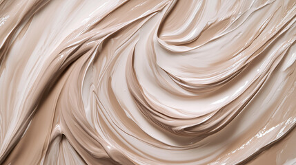 A close-up of swirling Mocha Mousse paint on a canvas, blending smoothly into lighter beige tones