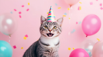 Happy, smiling cat in a birthday hat, celebrating with confetti and balloons on a pink background
