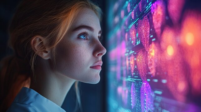 A young woman with blue eyes examines a large screen displaying abstract data, likely representing medical or scientific information.