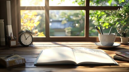 Fototapeta premium A serene workspace featuring an open book, clock, and plants, illuminated by soft sunlight streaming through a window.