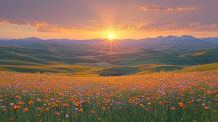 Fototapeta premium Sunset over rolling hills and a vibrant wildflower meadow