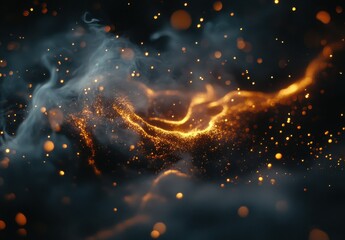 Abstract swirls of golden sparkles and glowing particles floating among wispy smoke against a dark background for imaginative design concepts