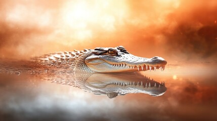 Crocodile lurking by reflective riverbank, primal predator in wild habitat, survival instincts on display in untamed landscape