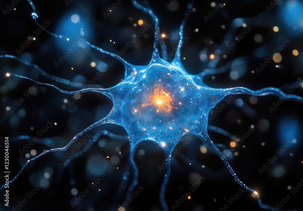 Poster abstract view of a neuron with bright firing synapses and glowing processes in a dark background for