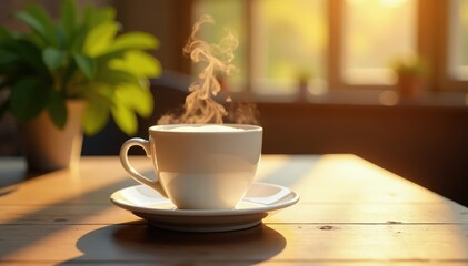 Obraz premium Steamy foam atop white cup on wooden table, morning sunlight casts a warm glow, morning, warmth, breakfast