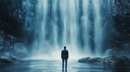 Obraz premium Man in Suit Standing Before Majestic Waterfall in Serene Wilderness