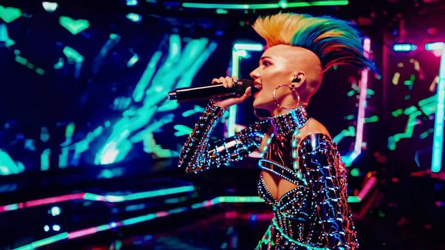 Cyberpunk singer with a vibrant mohawk and dazzling costume captivating the audience during a live performance, surrounded by dynamic led lights and stunning projections