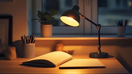 A minimalist study setup with an open notebook, pens, and a glowing desk lamp picture