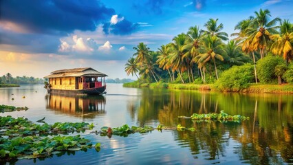 Obraz premium Serene Alappuzha backwaters with a houseboat gliding effortlessly through calm waters surrounded by lush greenery and exotic water lilies , houseboat, peaceful