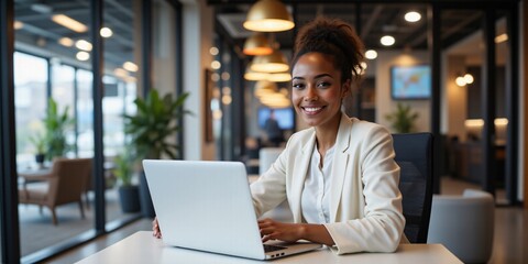 Fototapeta premium Smiling businesswoman works on laptop in modern office, radiating confidence and success. A bright future awaits!