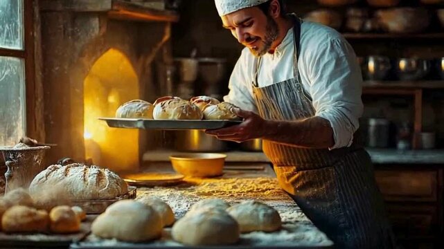 a baker baking freshly baked hot bread 