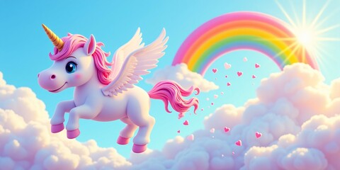 Magical winged unicorn soars above fluffy clouds, rainbow backdrop, hearts flutter; pure joy!