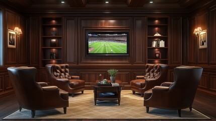 A refined office waiting room with dark wood paneling, soft armchairs, and a wall-mounted TV showing sports highlights.