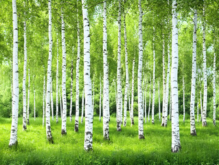 Birch forest, sunny day, green grass. Nature wallpaper
