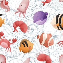 Adorable and fun ocean life seamless pattern