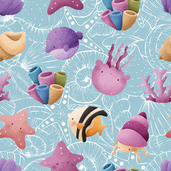 Adorable and fun ocean life seamless pattern