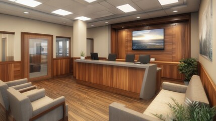 A small business reception area with wooden aesthetics, cozy seating, and a television playing ambient visuals