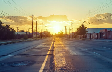 Serene empty street at sunrise with beautiful golden light