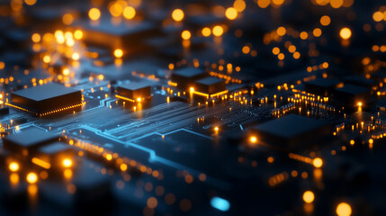 Close-up view of a circuit board with glowing electronic components.