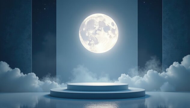 A misty, moonlit backdrop with a minimalist podium and elegant lighting, silver, modern