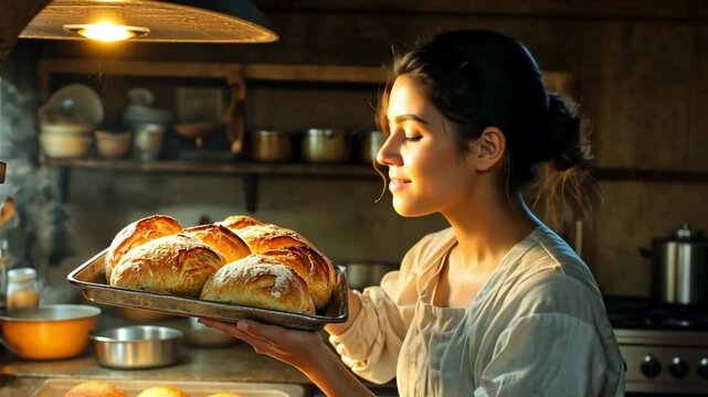 woman smelling  the aroma of freshly baked bread 