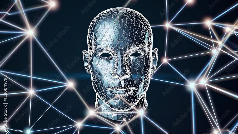 Poster wireframe head representing artificial intelligence processing data through a complex network of int