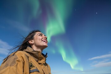 Tourist enjoying aurora borealis in iceland, polar lights illuminating night sky