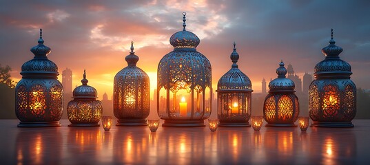 Obraz premium Ornate Lanterns Lit Against Dusky Sky Backdrop