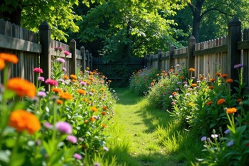 Obraz premium Overgrown garden with wildflowers and weeds, surrounded by old wooden fences, overgrowth, weeds