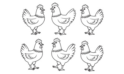 Line drawing of chickens in various poses for farm and poultry-related designs
