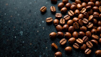 Obraz premium Coffee beans scattered on a black granite countertop, coffee, scattered, stone