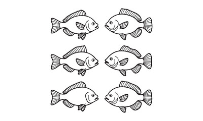 Black and white illustrations of fish in various poses for aquatic and wildlife designs