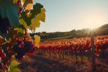 Vineyard with red grapes in the foreground, blurred background of rows of grapevines and green leaves on vines