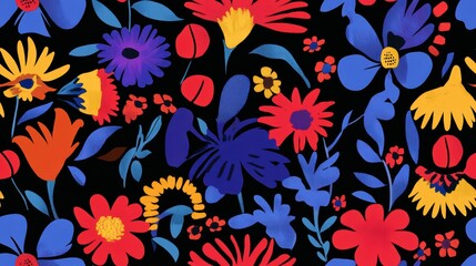 Colorful Floral Seamless Pattern Design Featuring Vibrant Natural Elements and Whimsical Botanical Illustrations on Deep Black Background