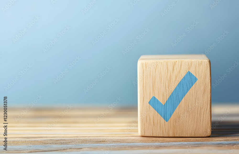 Fototapete wooden cube with a blue checkmark on a wooden table, isolated on a pastel background with copy space